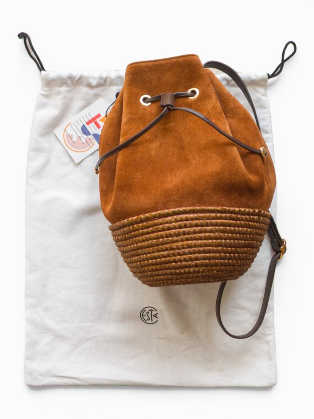 Cesta Collective Chestnut Suede Bucket Bag Woven Sisal Crossbody